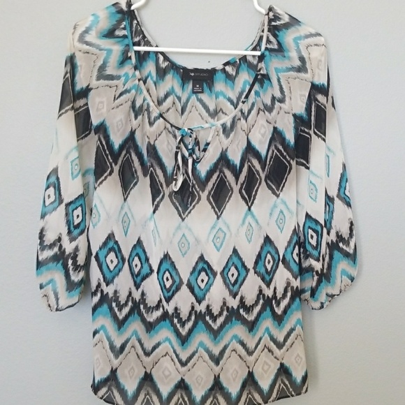 AB studio Ikat Chevron Earthtone Hippie Boho Sheer blouse medium - Picture 1 of 6